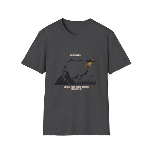 Bold Faith Tee - Philippians 4:13 with Mountain Climber and Cross with Sun Graphic | T-Shirt | Unisex